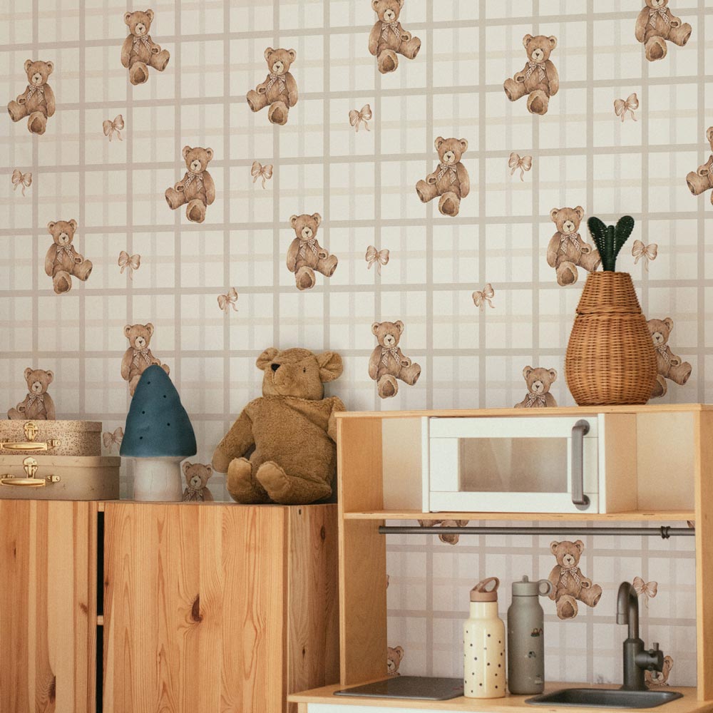 Teddy Bears on Check Beige Wallpaper