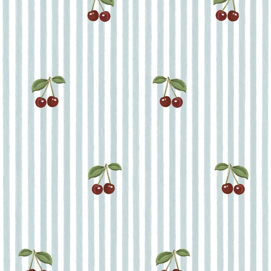 Wallpaper Little Cherries on Blue Stripes