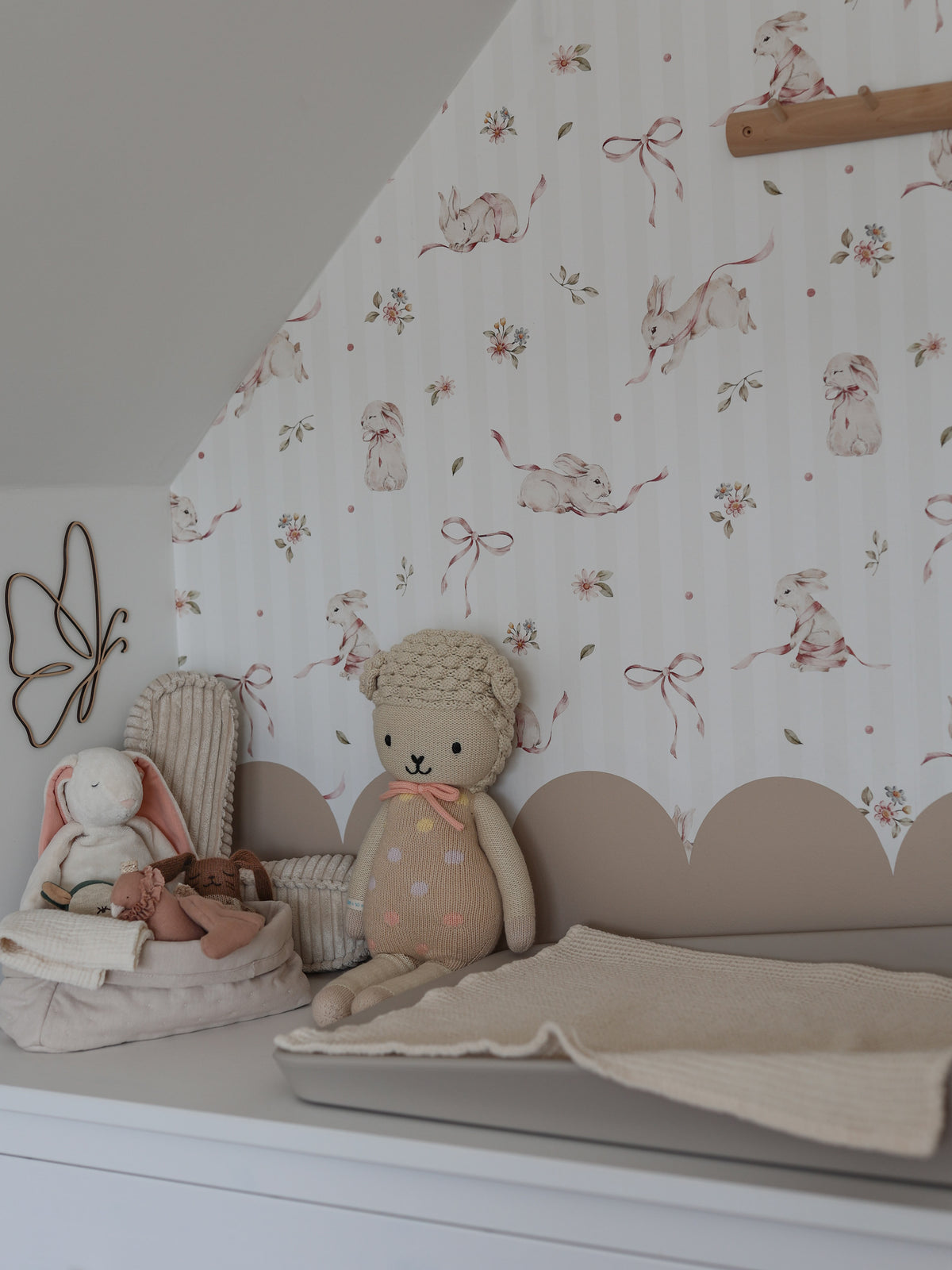 Pink Rabbits On Stripes Wallpaper