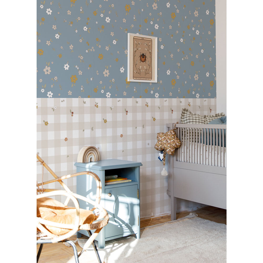 Boho Meadow Blue and Check Wallpaper