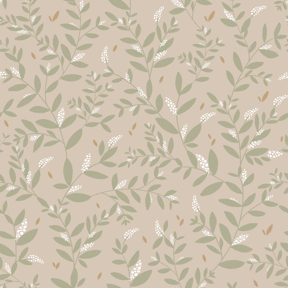 Delicate Twigs with Green and Beige Wallpaper Sample