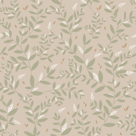 Delicate Twigs with Green and Beige Wallpaper