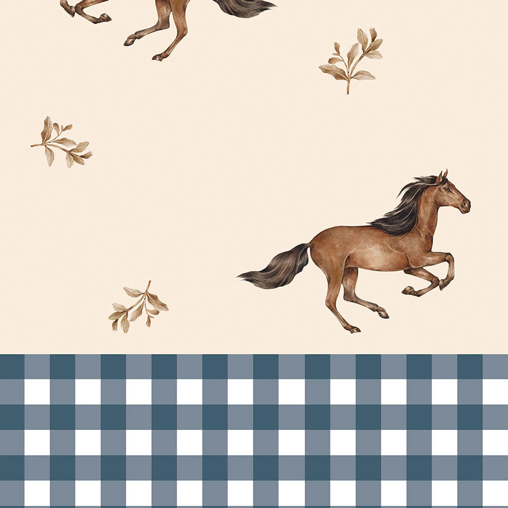 Horses And Check Blue Wallpaper Sample