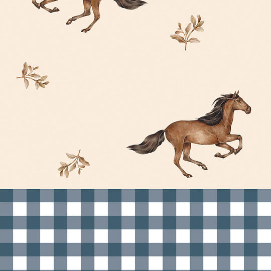 Horses And Check Blue Wallpaper