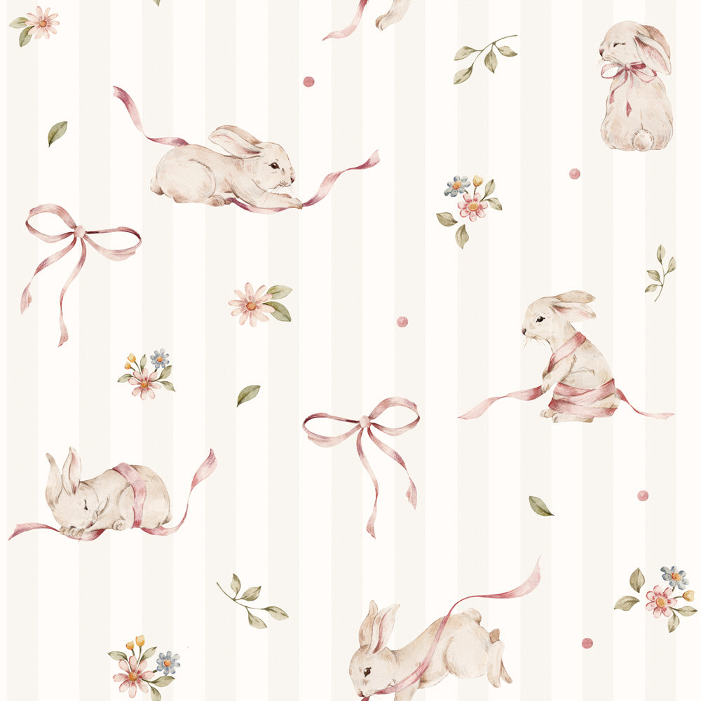 Pink Rabbits On Stripes Wallpaper