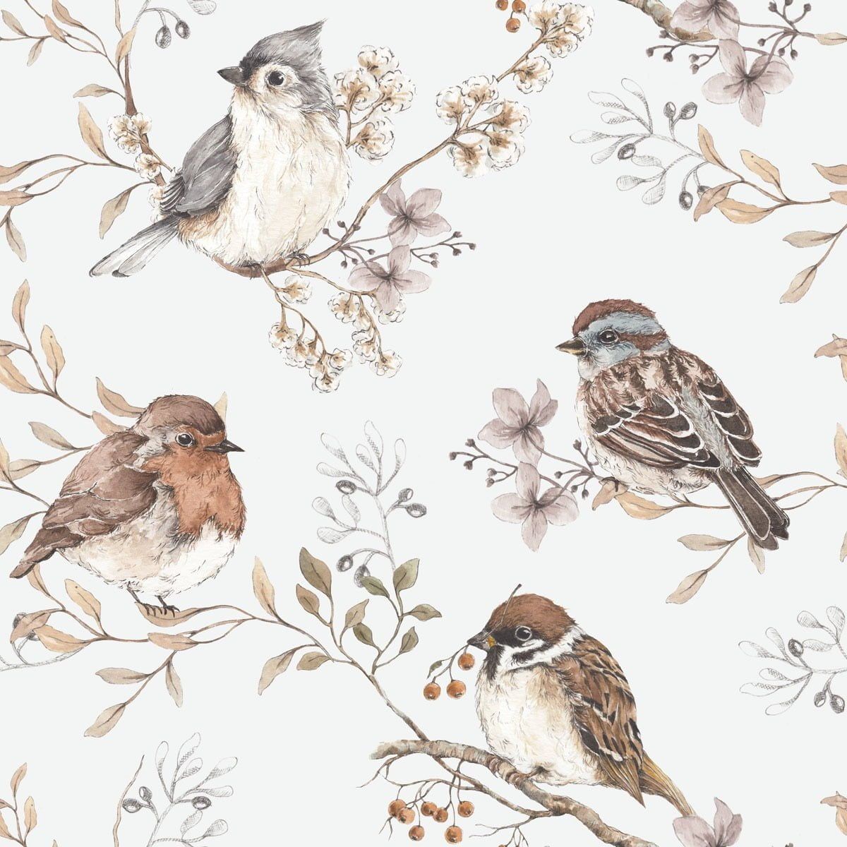 Birds White-Gray Wallpaper Sample