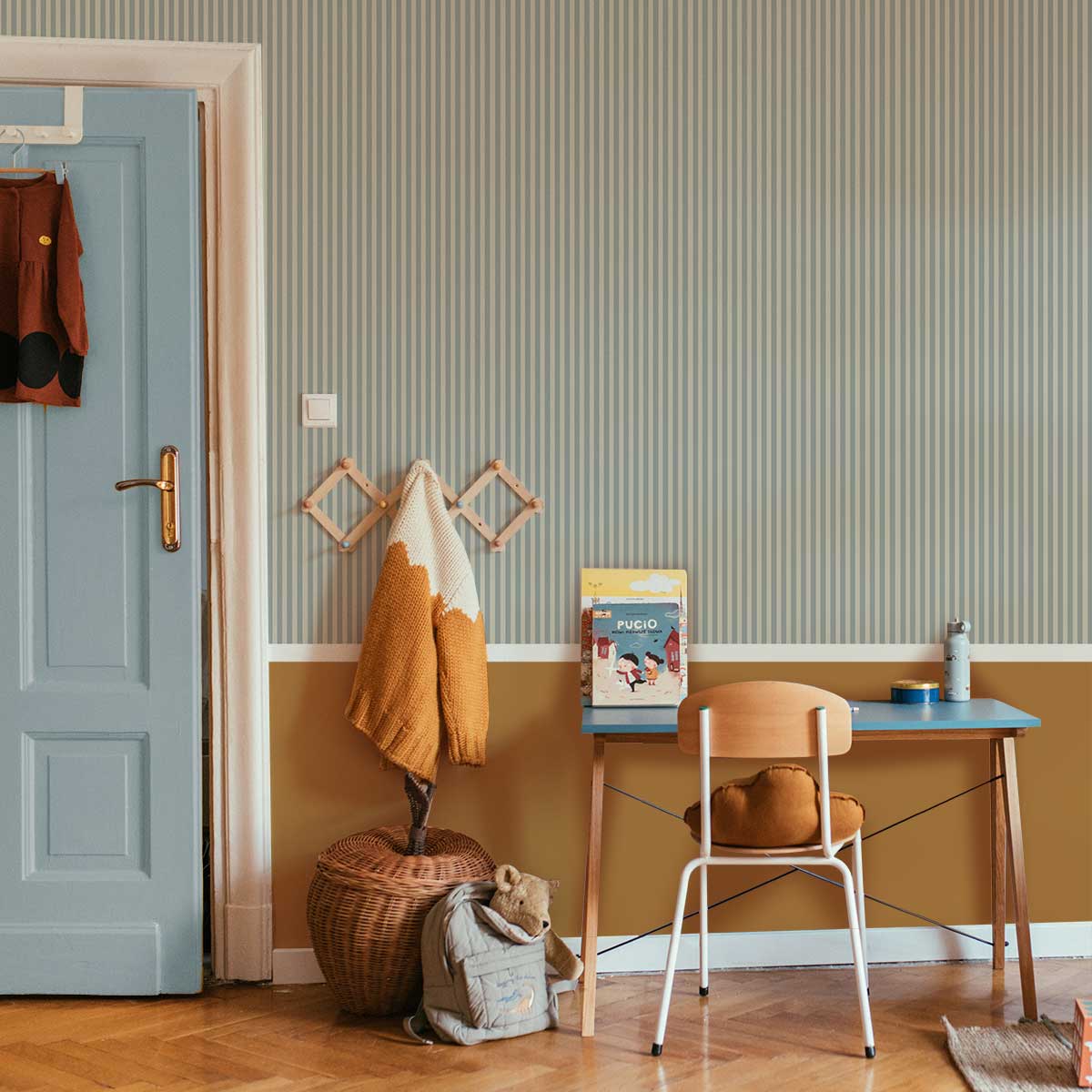 Simple Vintage Stripes Beige Blue Wallpaper Sample