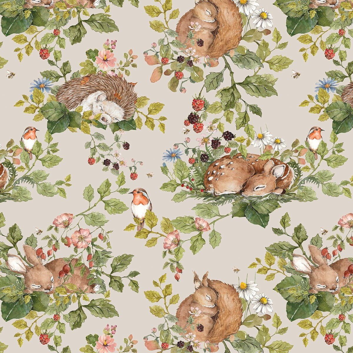 Little Sleepy Animals Light Wallpaper Sample